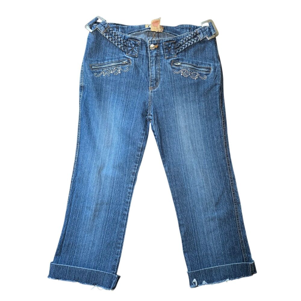 Vintage Clash Y2K Rhinestone Crop Jeans Womens 15 Braided Belt Cuffed Capris
